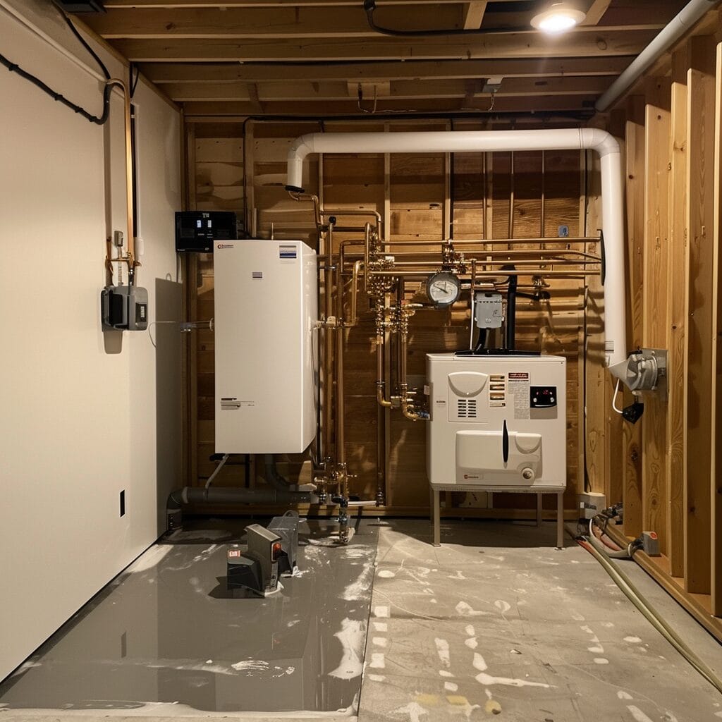 A room of boilers and tankless water heaters.